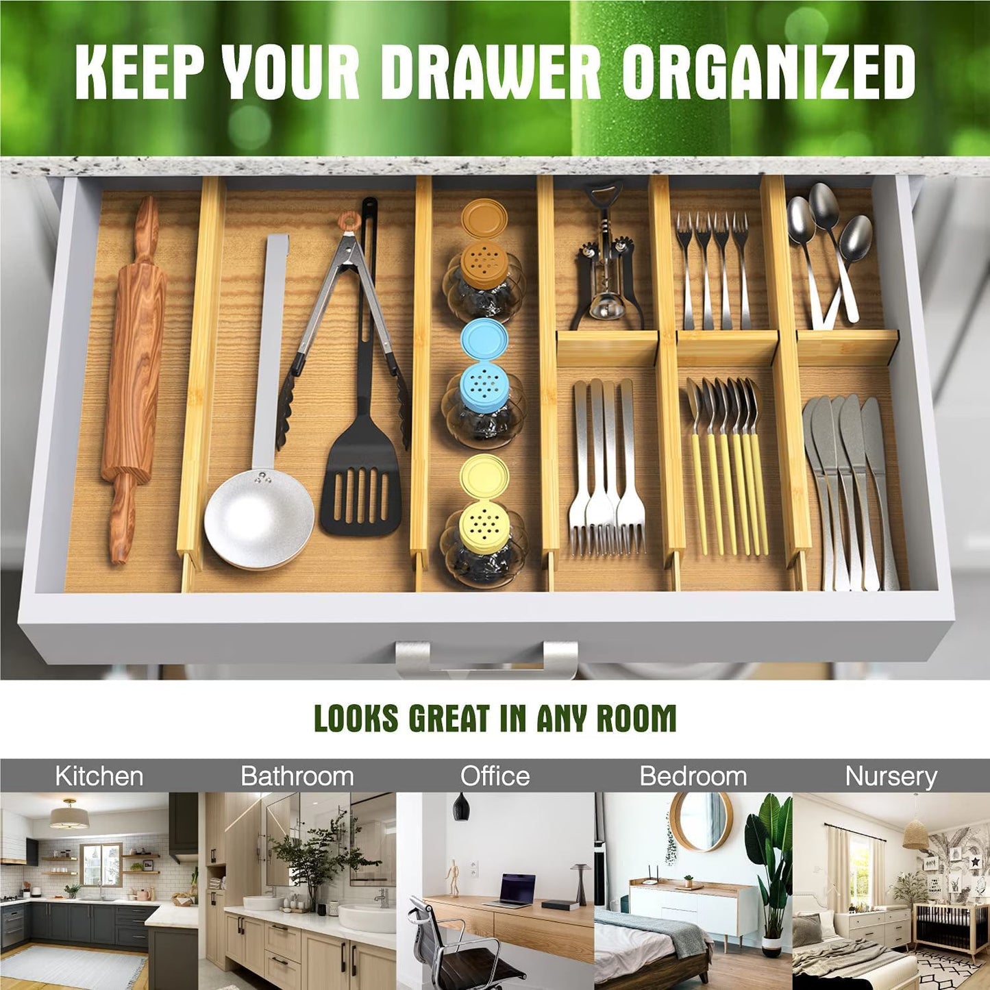 ANTOWIN Expandable Bamboo Drawer Dividers – Adjustable Drawer Organizer Separators for Kitchen, Clothes & Tools