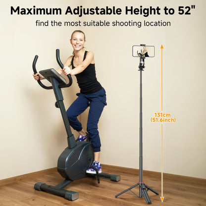 52" Extendable Selfie Stick Tripod with Wireless Remote and 360° Rotatable Phone Holder for Vlogging