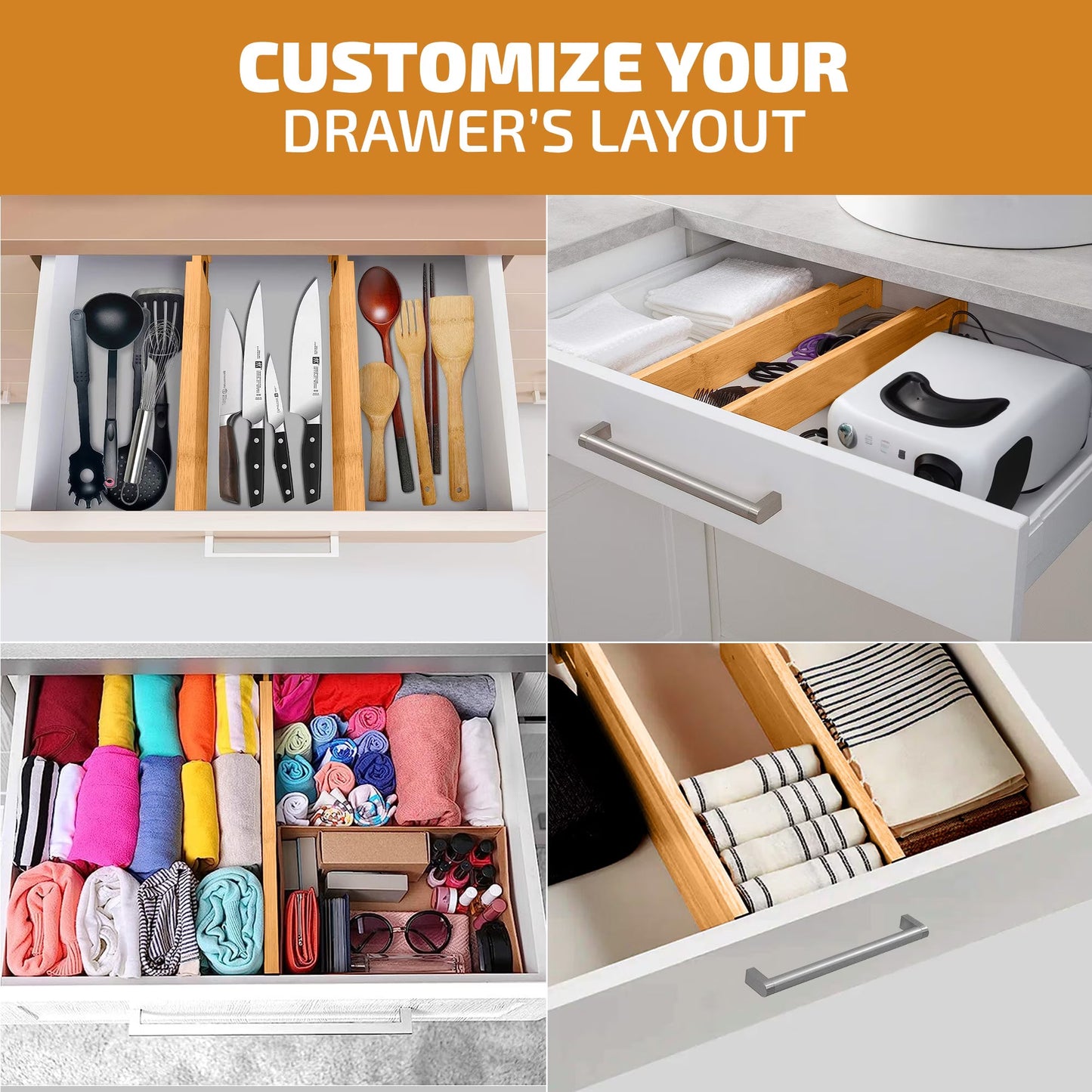 Bamboo Drawer Dividers 4 Pack – Adjustable Drawer Organizer Separators for Kitchen, Dresser & Storage