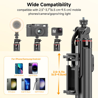 52" Extendable Selfie Stick Tripod with Wireless Remote and 360° Rotatable Phone Holder for Vlogging