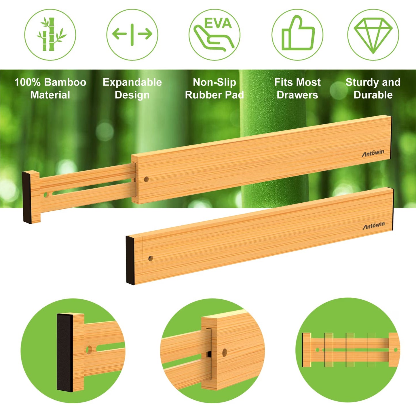ANTOWIN Expandable Bamboo Drawer Dividers – Adjustable Drawer Organizer Separators for Kitchen, Clothes & Tools