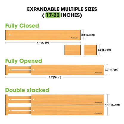 ANTOWIN Expandable Bamboo Drawer Dividers – Adjustable Drawer Organizer Separators for Kitchen, Clothes & Tools