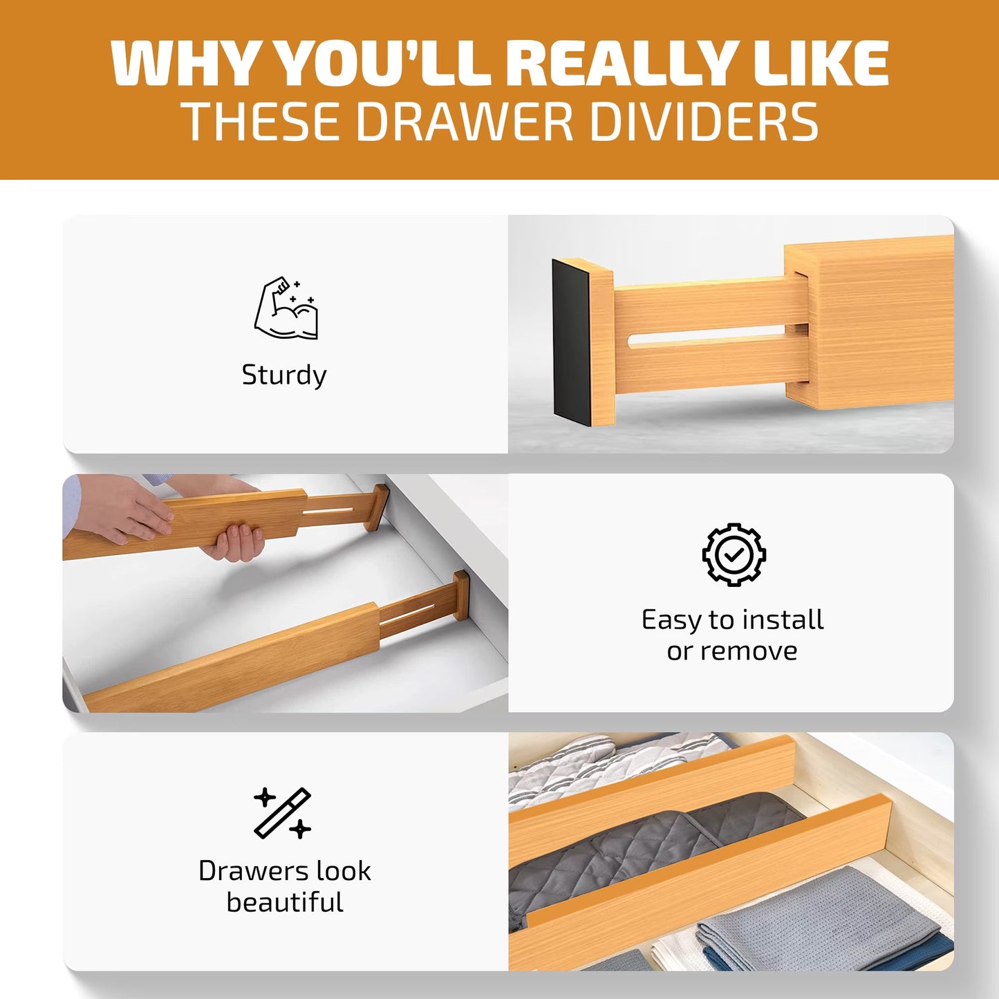 Bamboo Drawer Dividers 4 Pack – Adjustable Drawer Organizer Separators for Kitchen, Dresser & Storage