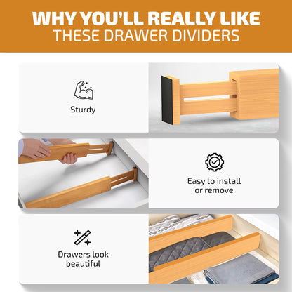 Bamboo Drawer Dividers 4 Pack – Adjustable Drawer Organizer Separators for Kitchen, Dresser & Storage