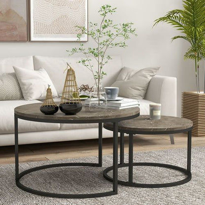 Stacking Coffee Table Set Steel Frame Marble - Effect Top - 2 Pcs