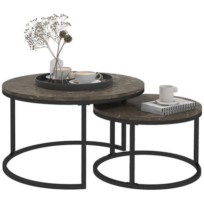 Stacking Coffee Table Set Steel Frame Marble - Effect Top - 2 Pcs